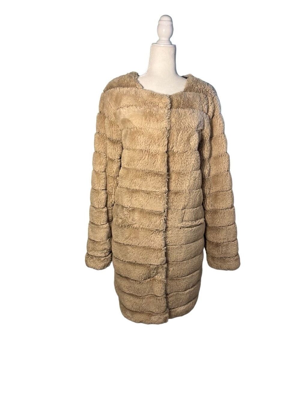Guess tan horizontal stripe plush faux fur 3/4 length  coat - M